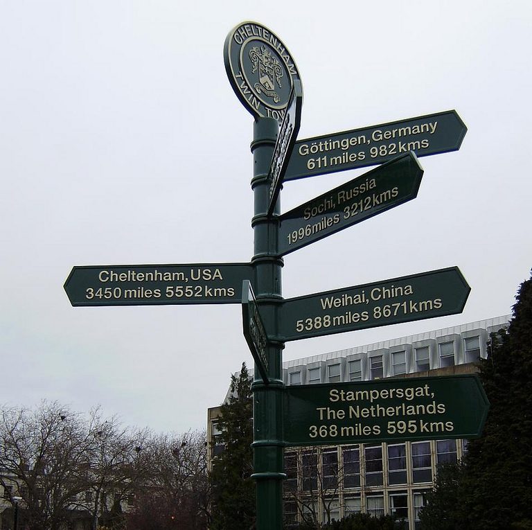 Twinning signpost in Cheltenham